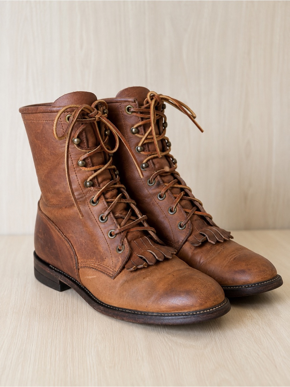 Justin Vintage Brown Leather Kiltie Lace Up Ankle Boots Women’s Size 6.5B Wester
